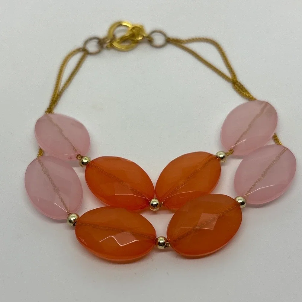 Two Strand Gemstone Bracelet Gold Tone Orange Pink‎ Faceted Beaded Toggle Clasp